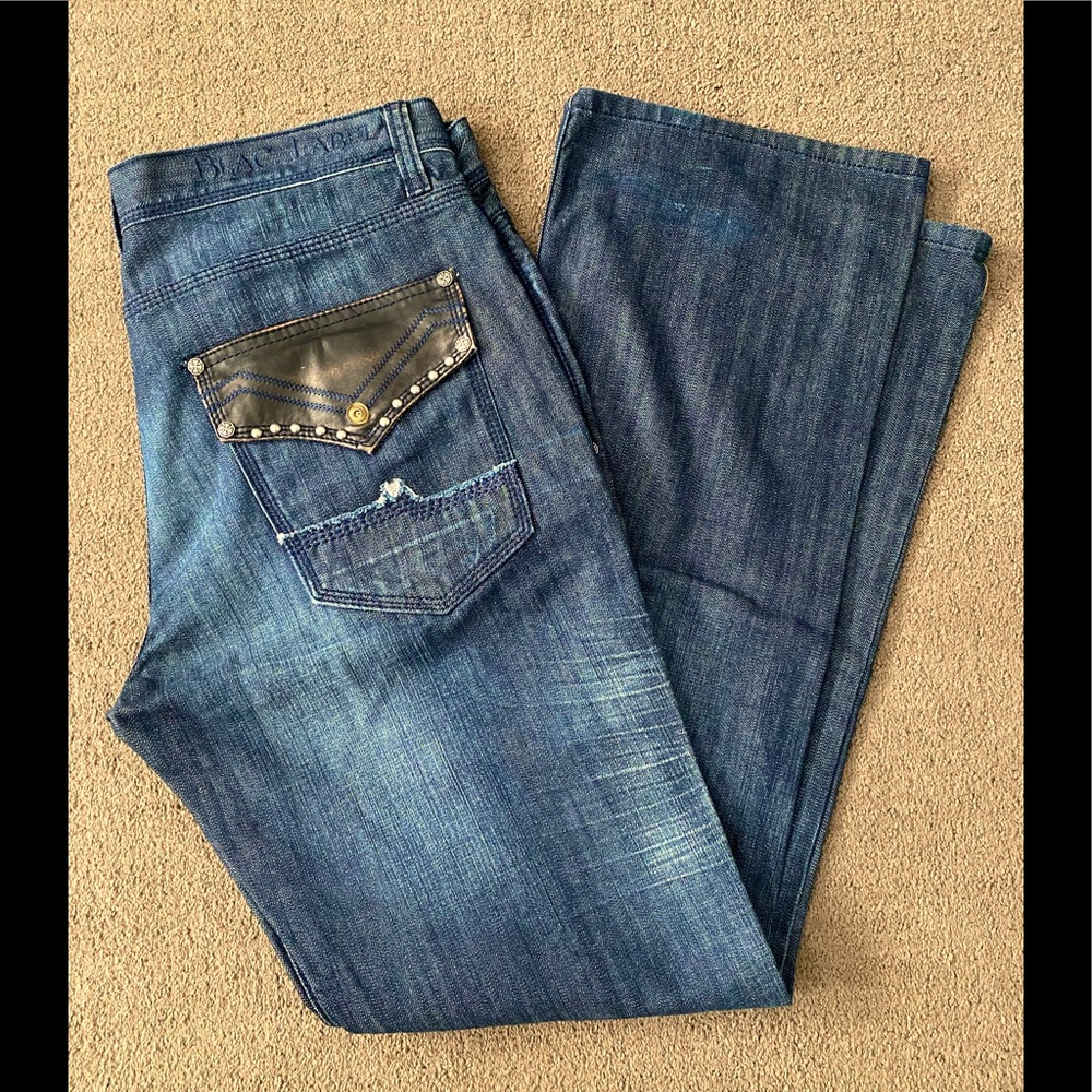 Black Label mens jeans faux leather back pocket 38x32 Straight Slim Fit